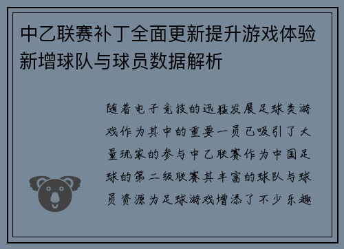 中乙联赛补丁全面更新提升游戏体验新增球队与球员数据解析